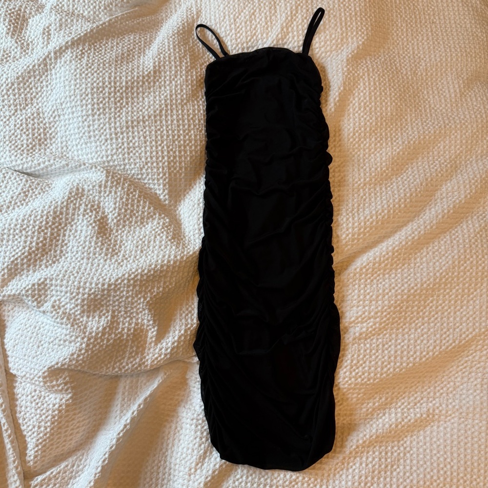 Black Ruched Mesh Bodycon Midi Dress